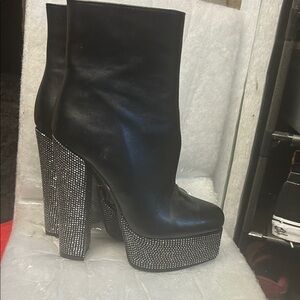 Black Platform Ankle Boots with Crystal-Embellished Heel